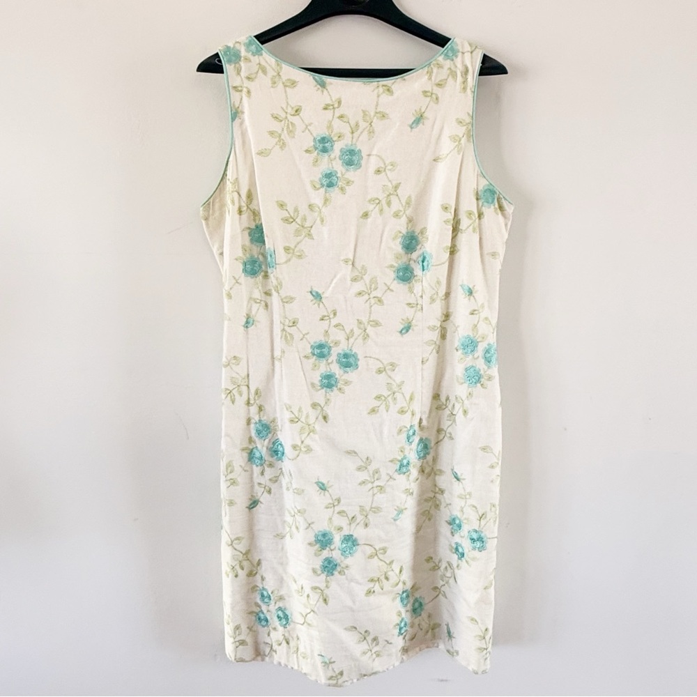 Vintage Women 90s Embroidered Floral Linen Blend Shift Sheath Dress Size 14 Work